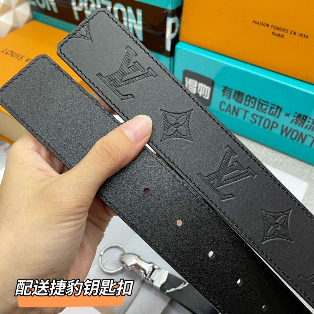 Louis Vuitton Men's LV Initiales 40mm Belt Black Monogram Shadow Embossed Leather Gold Buckle