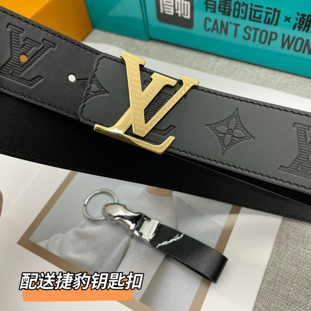 Louis Vuitton Men's LV Initiales 40mm Belt Black Monogram Shadow Embossed Leather Gold Buckle