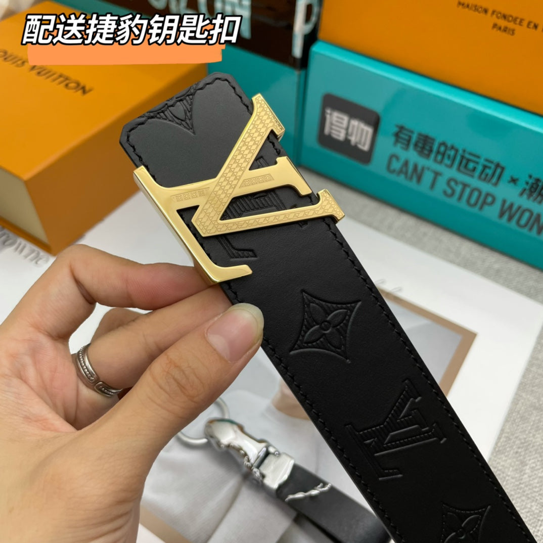 Louis Vuitton Men's LV Initiales 40mm Belt Black Monogram Shadow Embossed Leather Gold Buckle