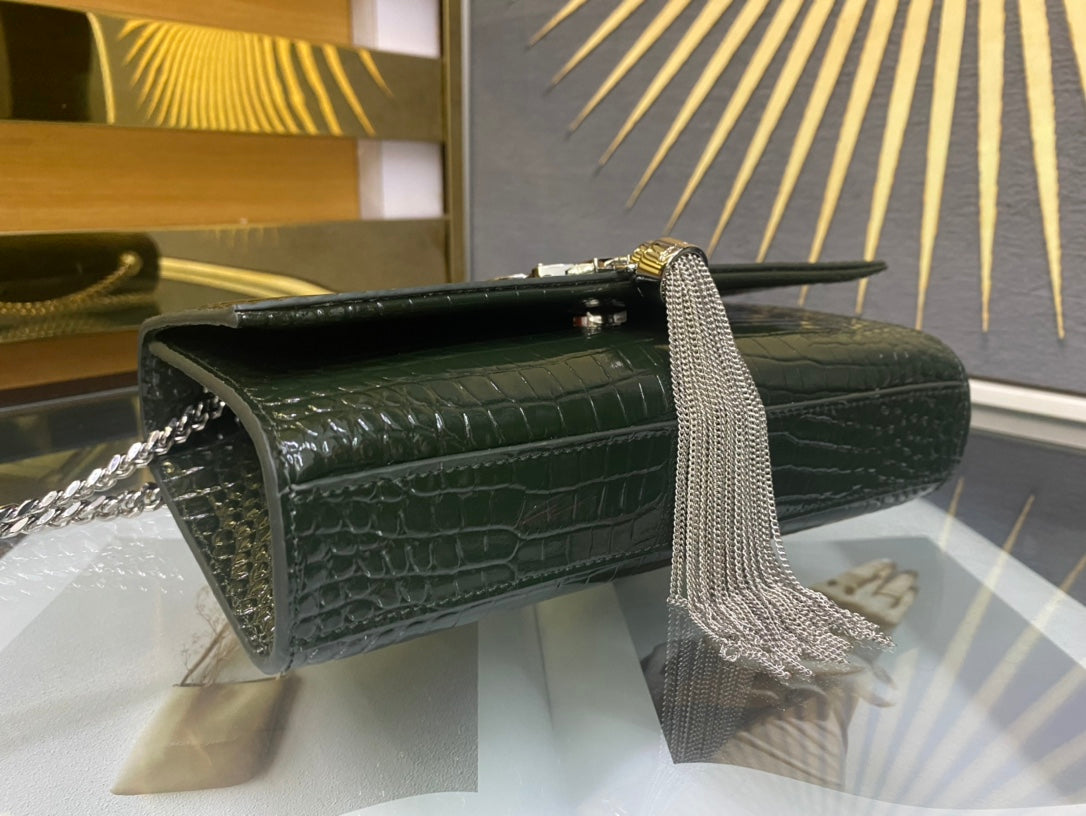 Saint Laurent Kate Small Monogram Crocodile-Embossed Shoulder Bag with Tassel - Black
