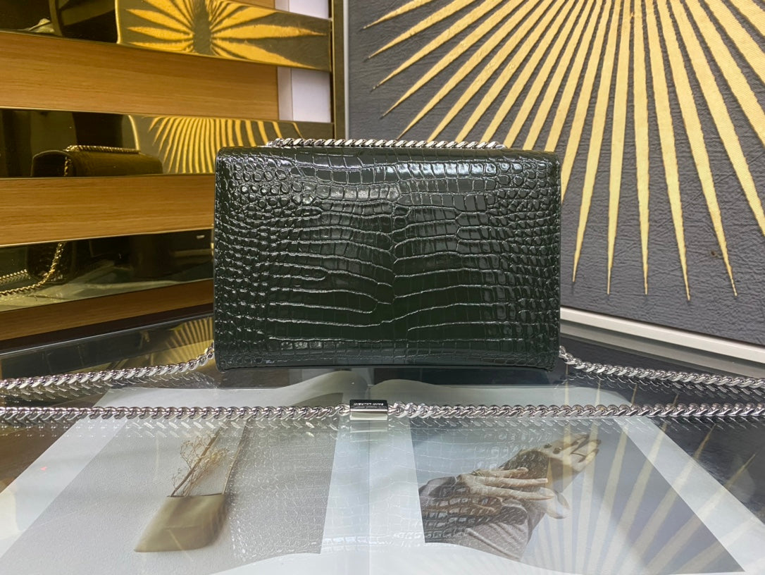 Saint Laurent Kate Small Monogram Crocodile-Embossed Shoulder Bag with Tassel - Black