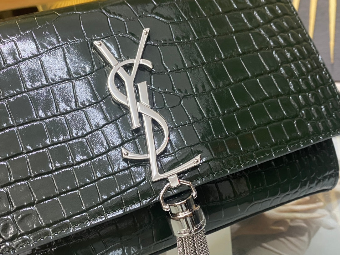 Saint Laurent Kate Small Monogram Crocodile-Embossed Shoulder Bag with Tassel - Black