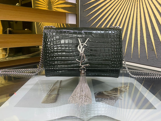 Saint Laurent Kate Small Monogram Crocodile-Embossed Shoulder Bag with Tassel - Black