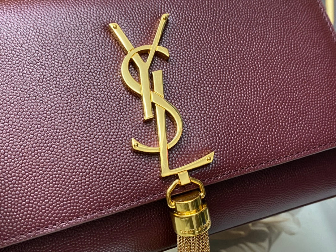 Saint Laurent Kate Tassel Shoulder Bag - Burgundy Leather with Gold Hardware