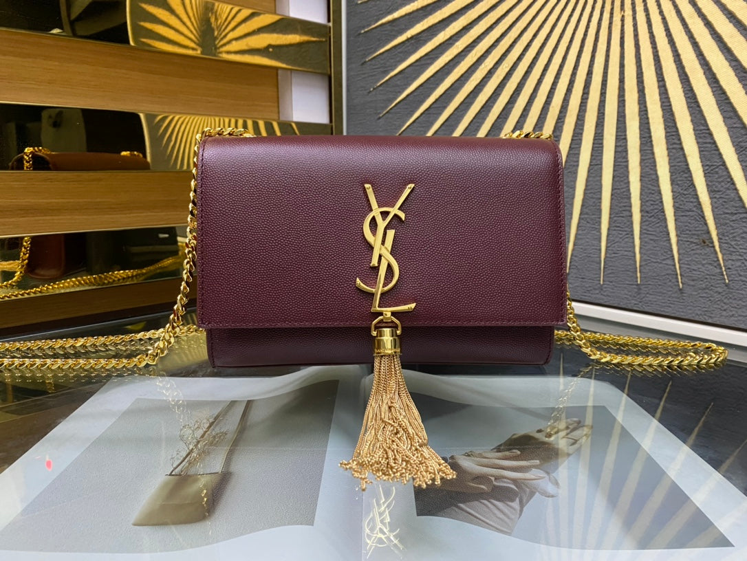 Saint Laurent Kate Tassel Shoulder Bag - Burgundy Leather with Gold Hardware