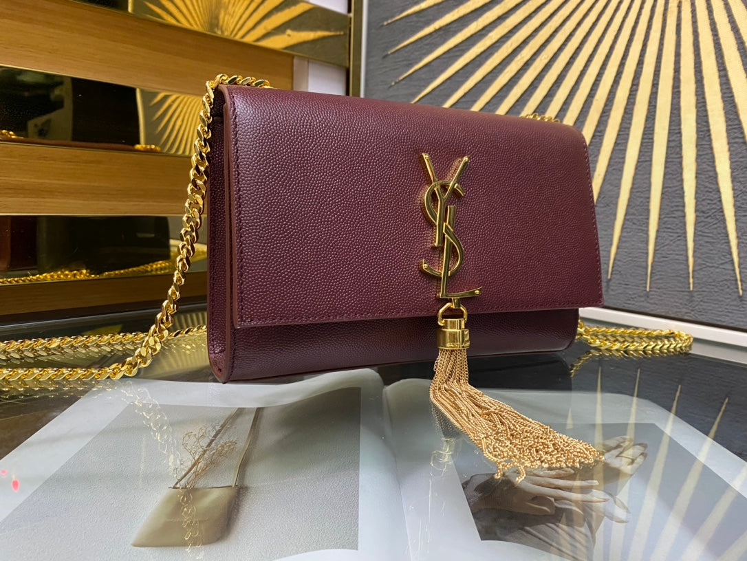 Saint Laurent Kate Tassel Shoulder Bag - Burgundy Leather with Gold Hardware