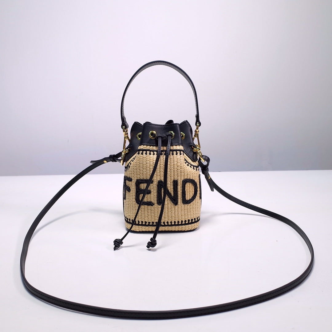 Fendi Mon Tresor Small Straw-Effect Bucket Bag with Logo