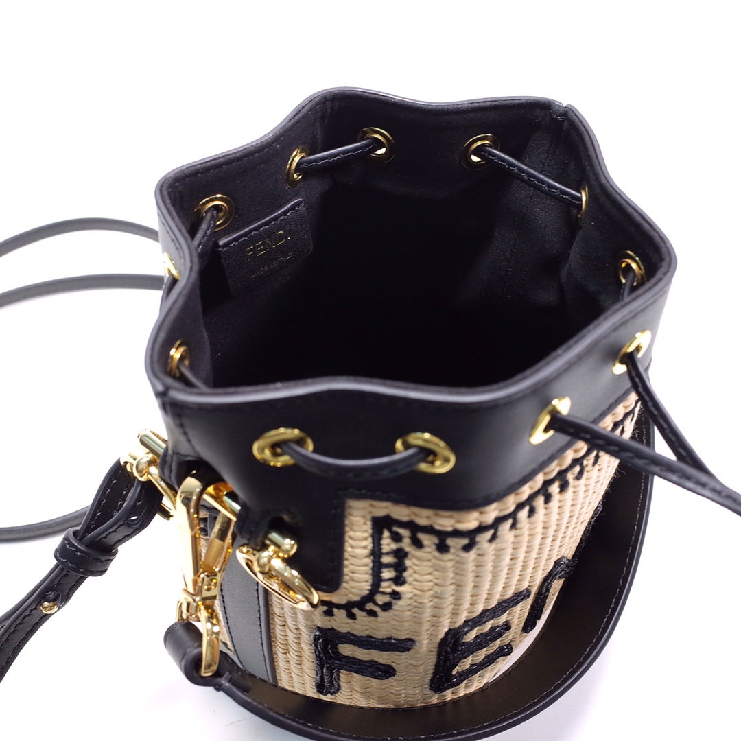Fendi Mon Tresor Small Straw-Effect Bucket Bag with Logo