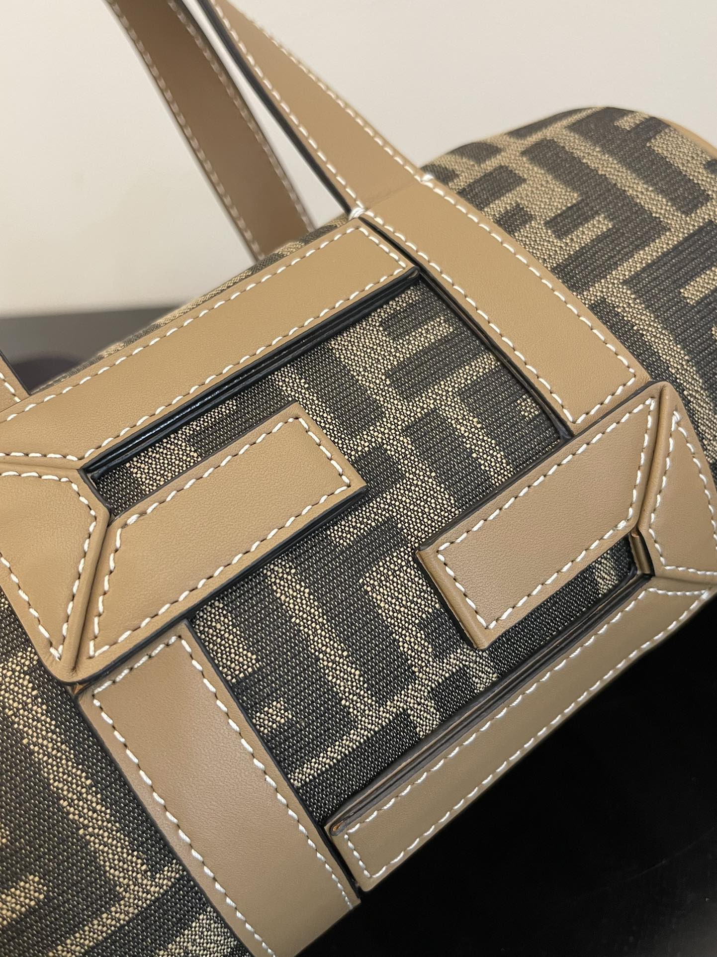 Fendi Mini FF Monogram Barrel Bag - Brown/Grey Canvas with Leather Trim