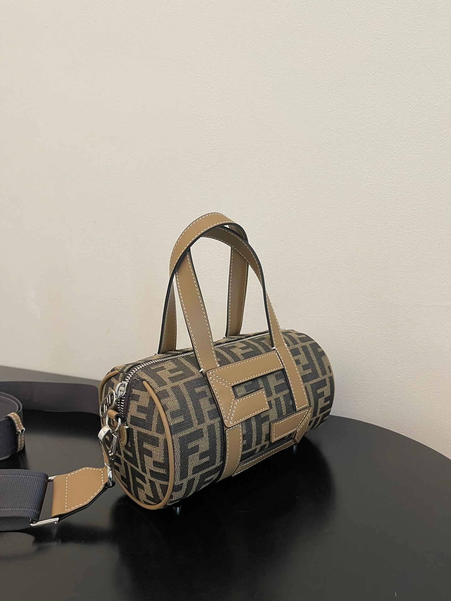 Fendi Mini FF Monogram Barrel Bag - Brown/Grey Canvas with Leather Trim