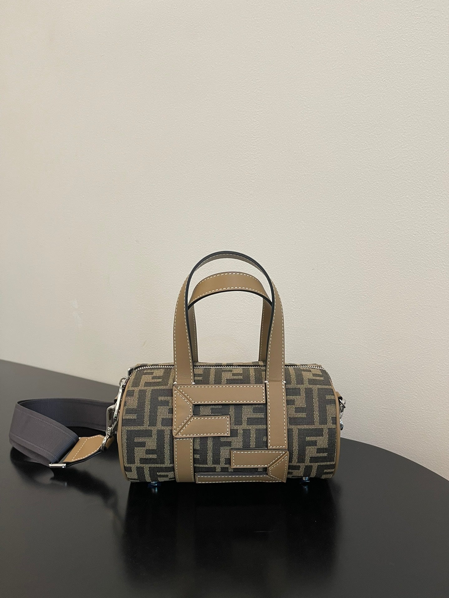 Fendi Mini FF Monogram Barrel Bag - Brown/Grey Canvas with Leather Trim