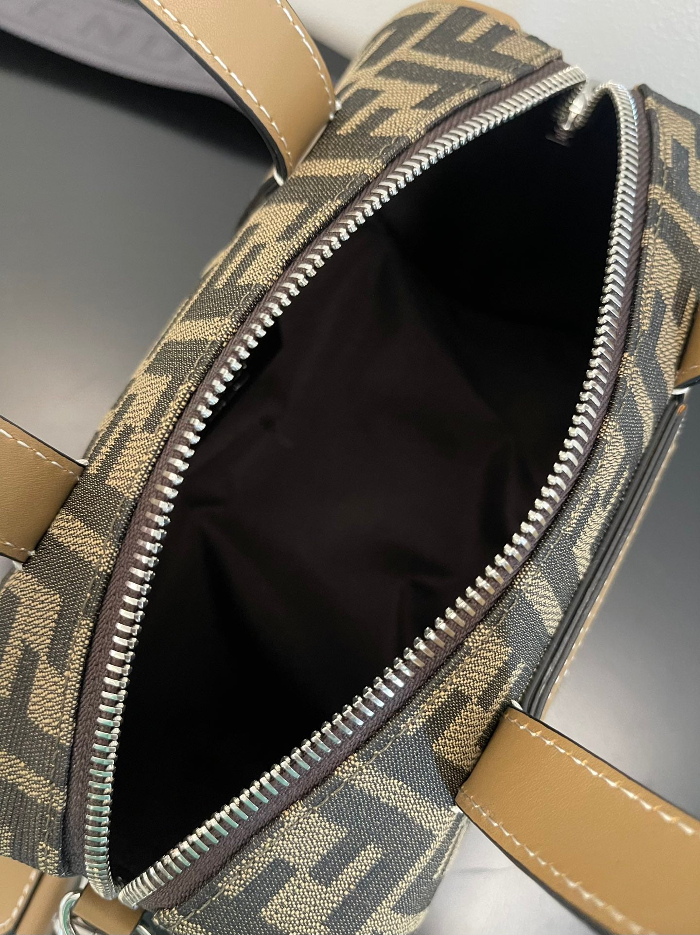 Fendi Mini FF Monogram Barrel Bag - Brown/Grey Canvas with Leather Trim