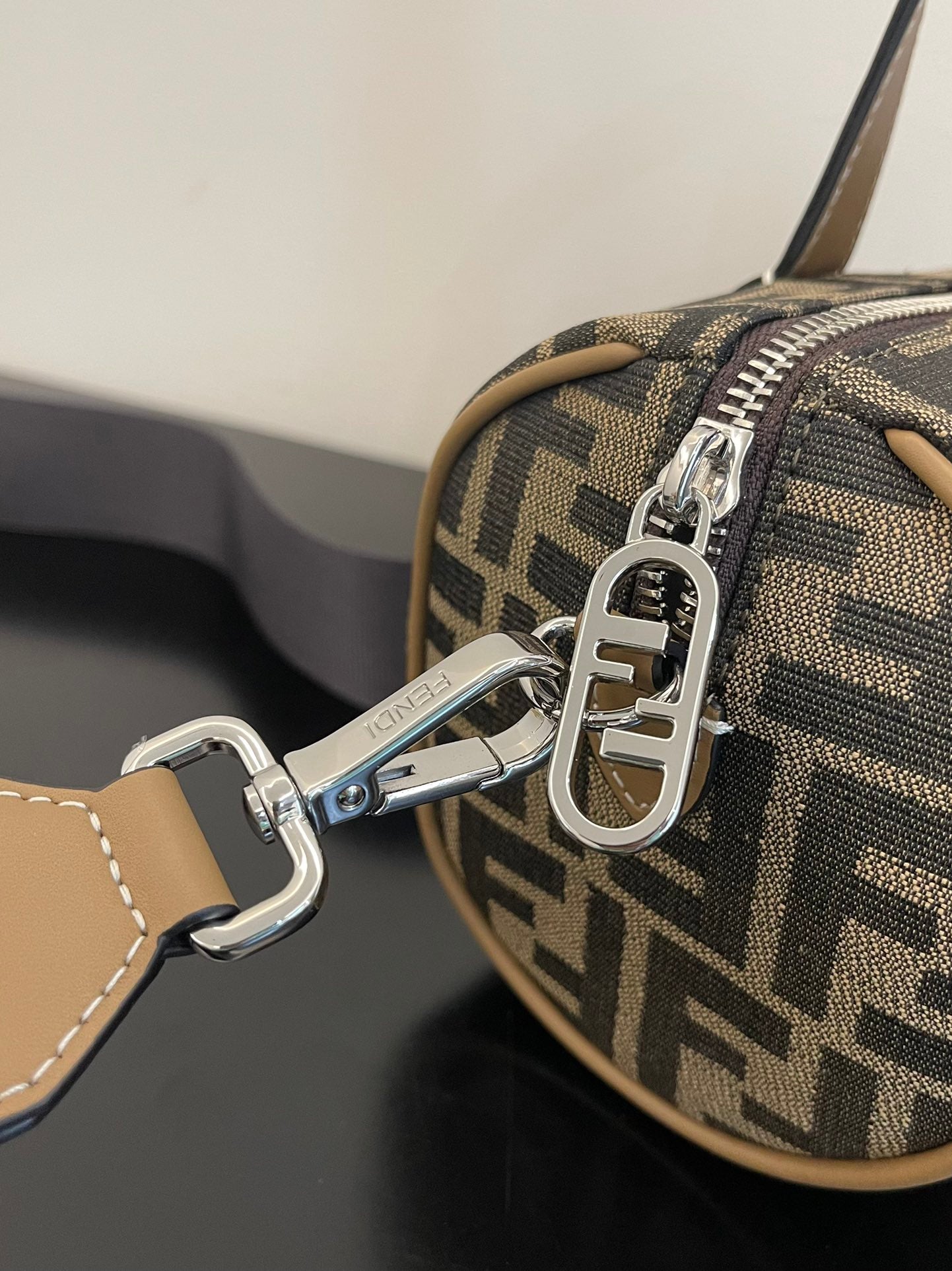 Fendi Mini FF Monogram Barrel Bag - Brown/Grey Canvas with Leather Trim