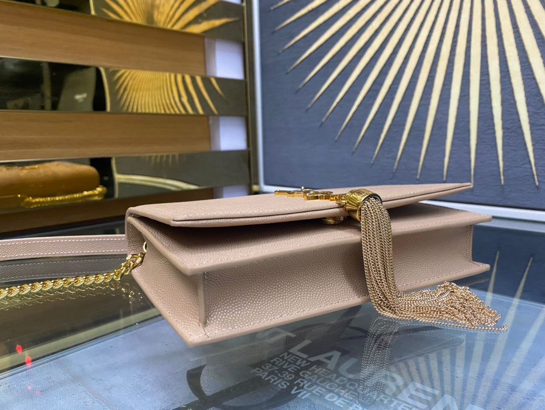 Saint Laurent Kate Small Tassel Shoulder Bag in Beige Leather