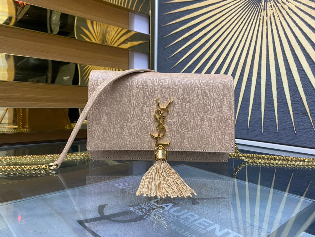 Saint Laurent Kate Small Tassel Shoulder Bag in Beige Leather