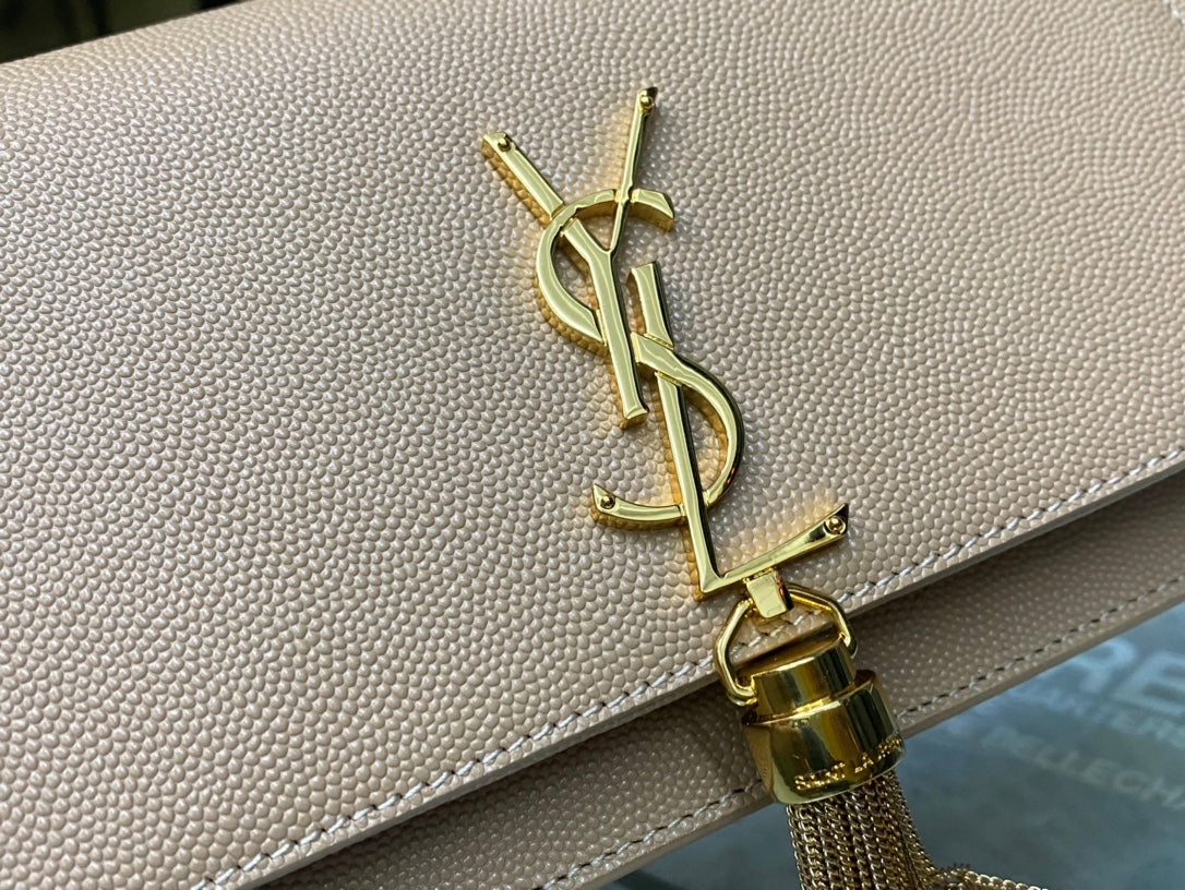 Saint Laurent Kate Small Tassel Shoulder Bag in Beige Leather