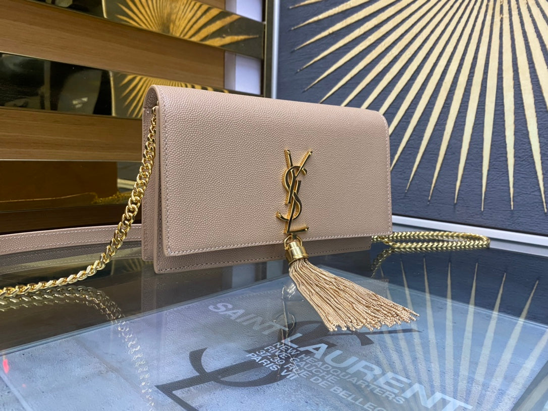Saint Laurent Kate Small Tassel Shoulder Bag in Beige Leather