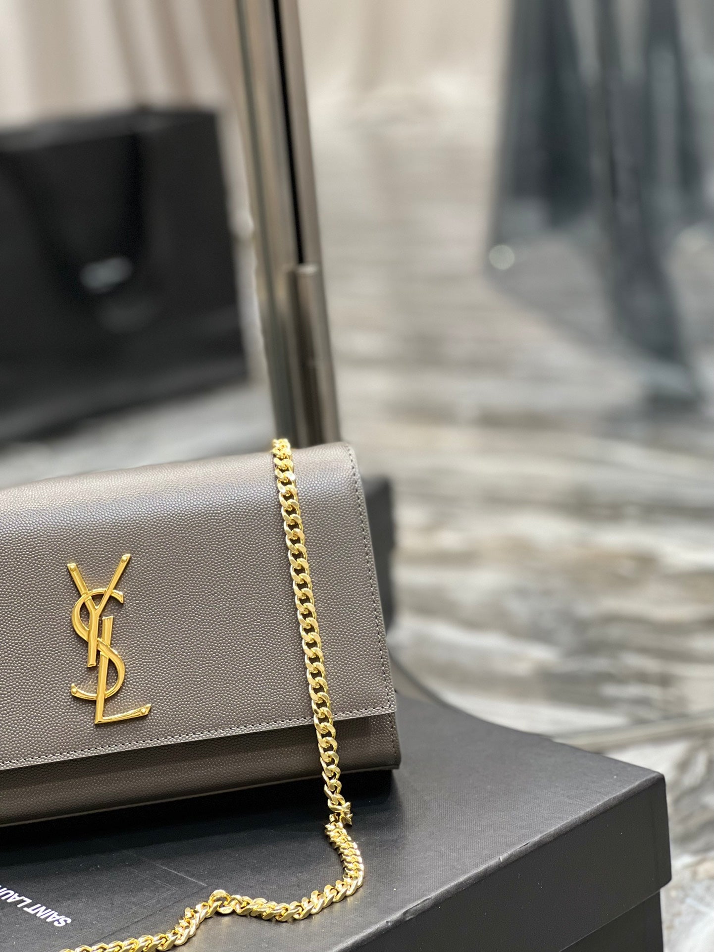 Saint Laurent Kate Small Chain Wallet in Grey Leather with Gold Hardware