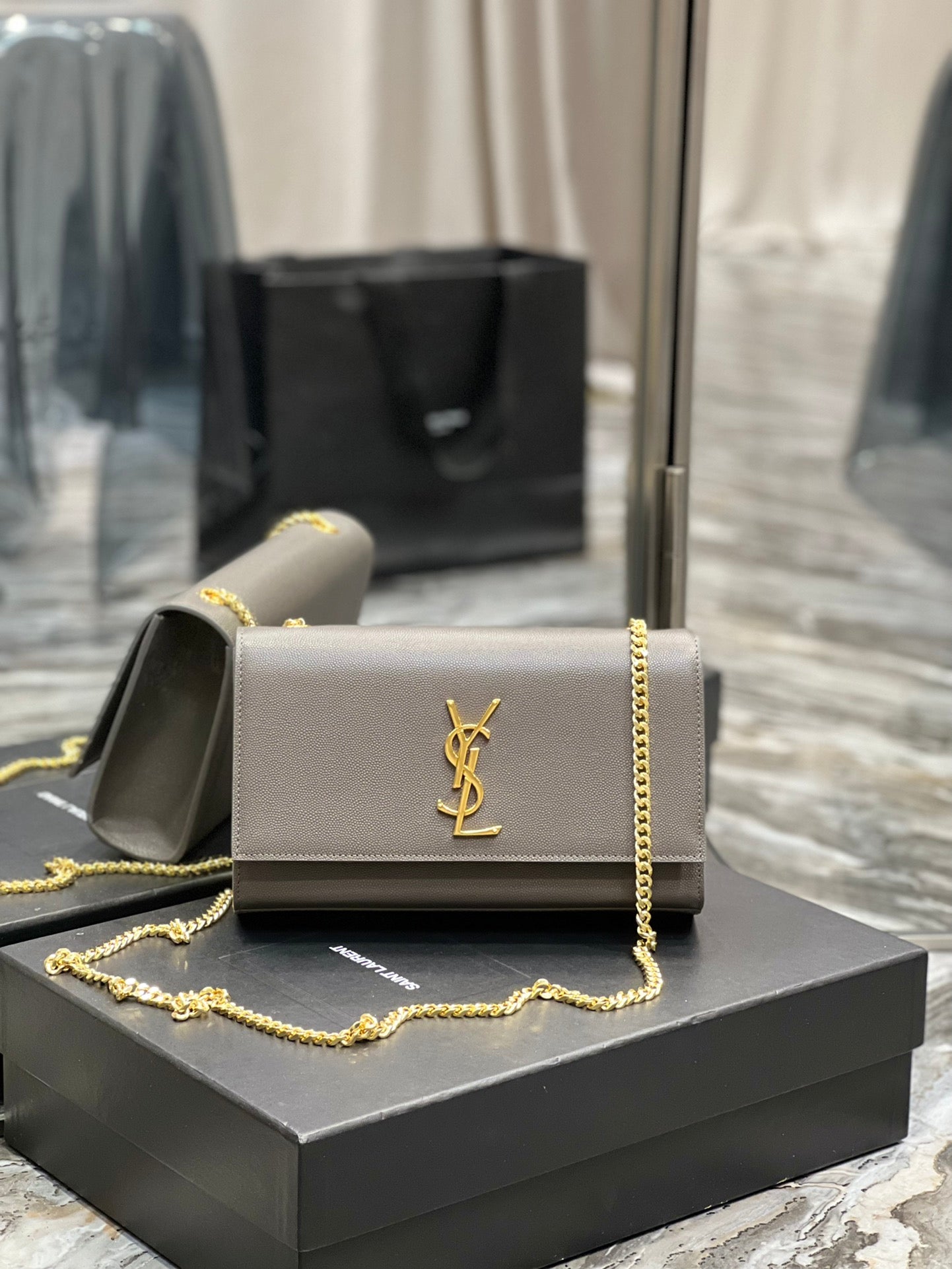 Saint Laurent Kate Small Chain Wallet in Grey Leather with Gold Hardware