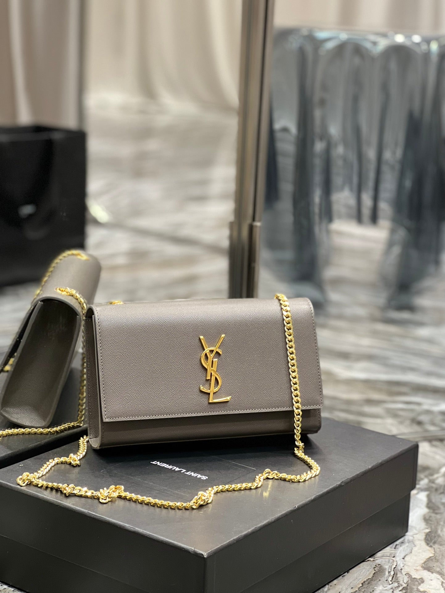 Saint Laurent Kate Small Chain Wallet in Grey Leather with Gold Hardware