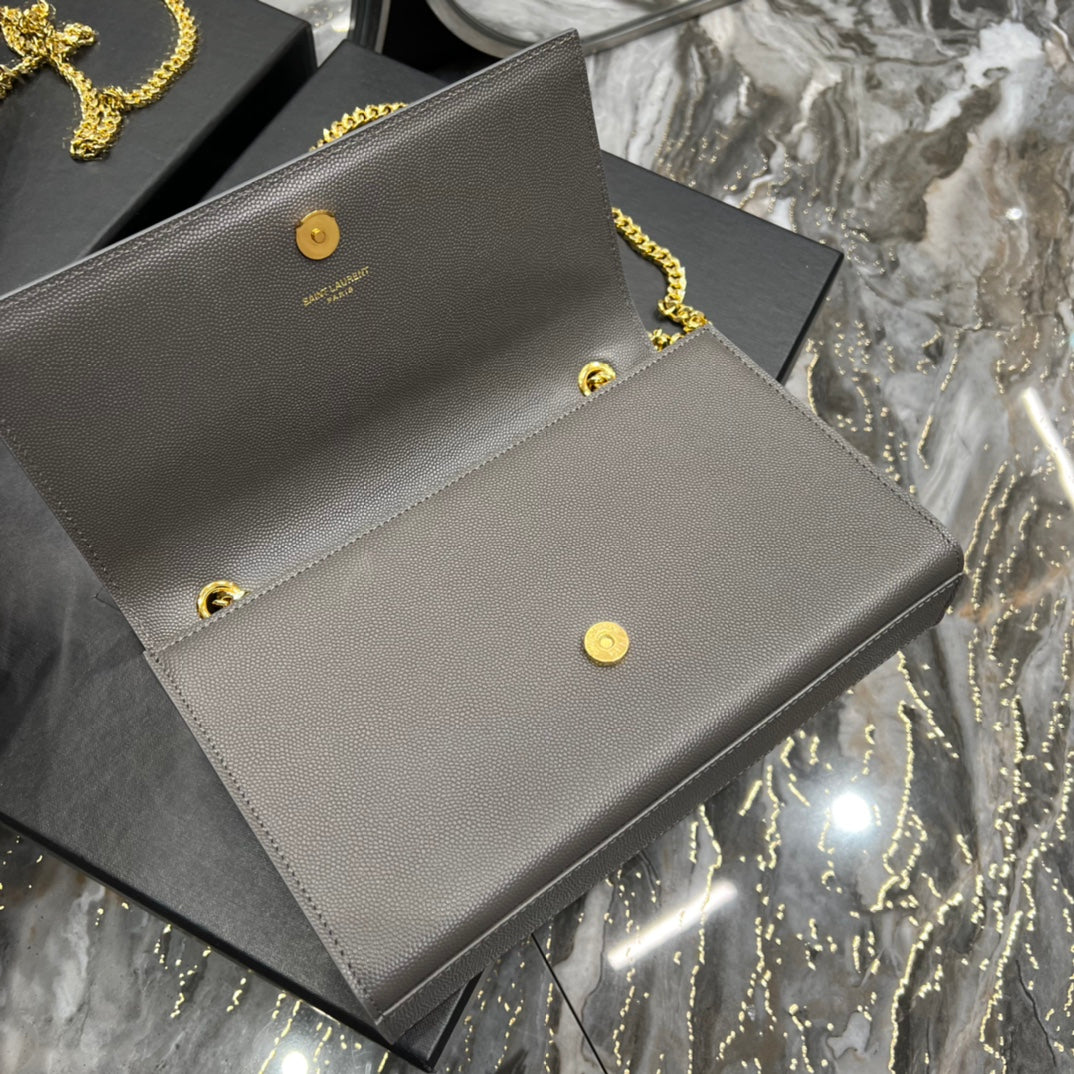 Saint Laurent Kate Small Chain Wallet in Grey Leather with Gold Hardware