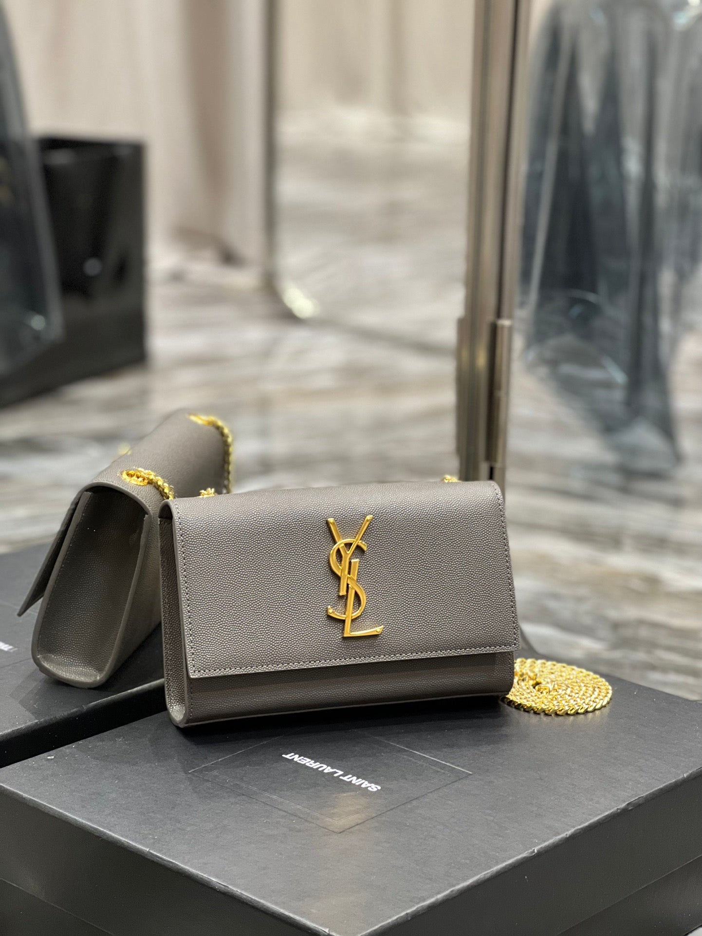 Saint Laurent Kate Small Chain Bag in Grained Leather - Grey