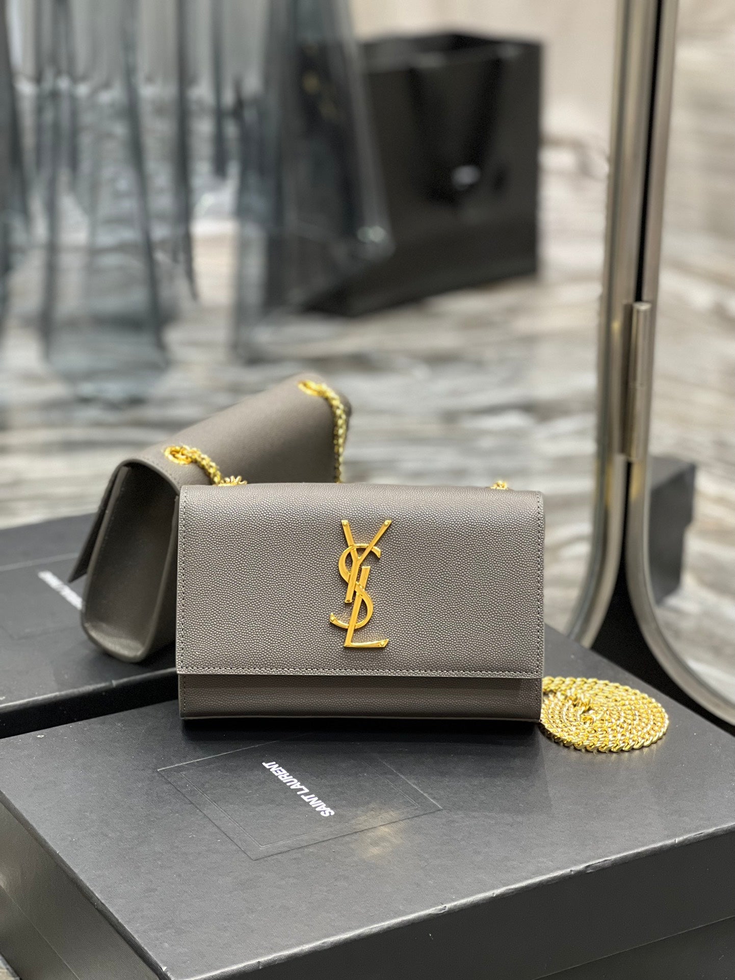 Saint Laurent Kate Small Chain Bag in Grained Leather - Grey