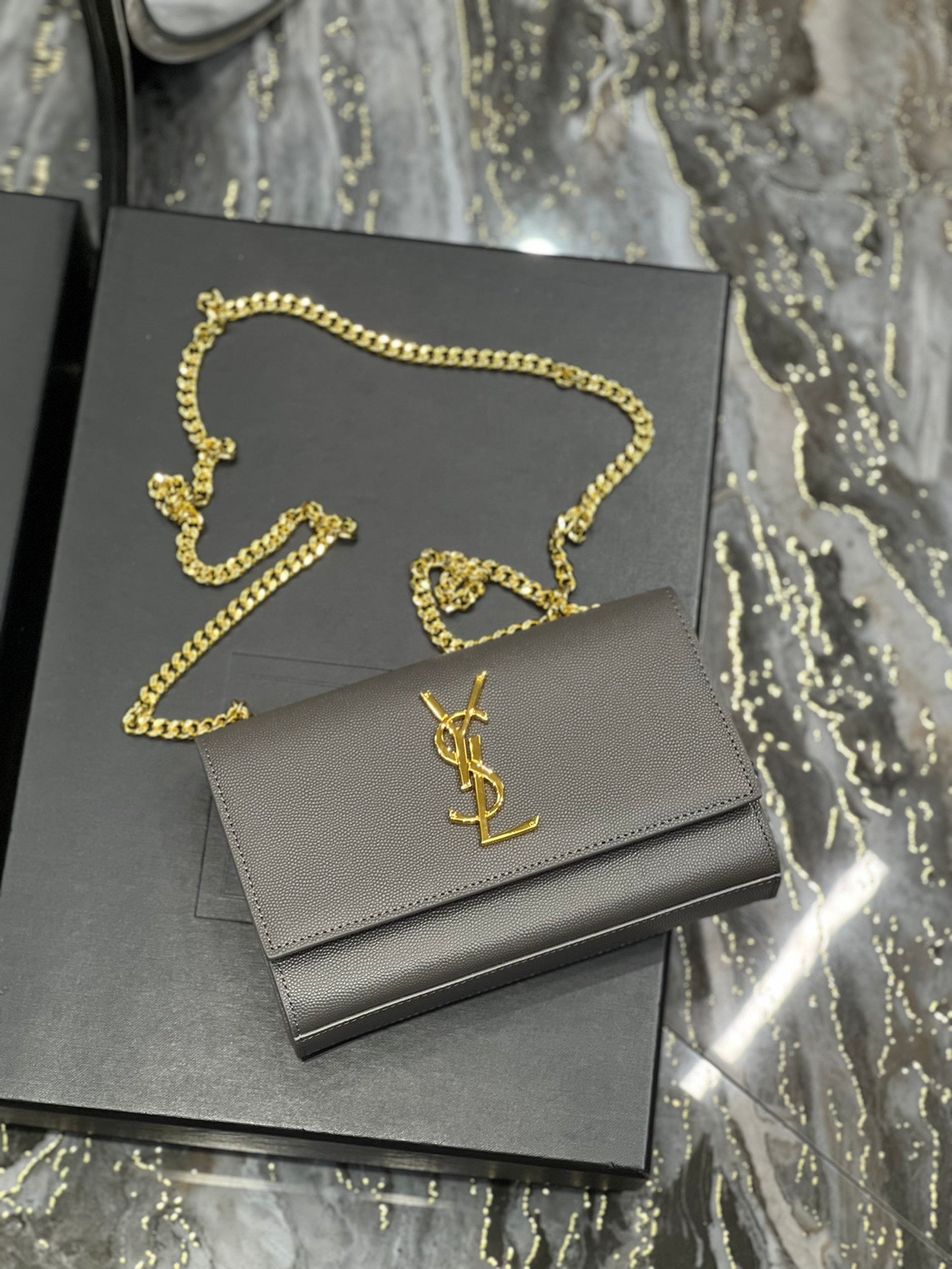 Saint Laurent Kate Small Chain Bag in Grained Leather - Grey
