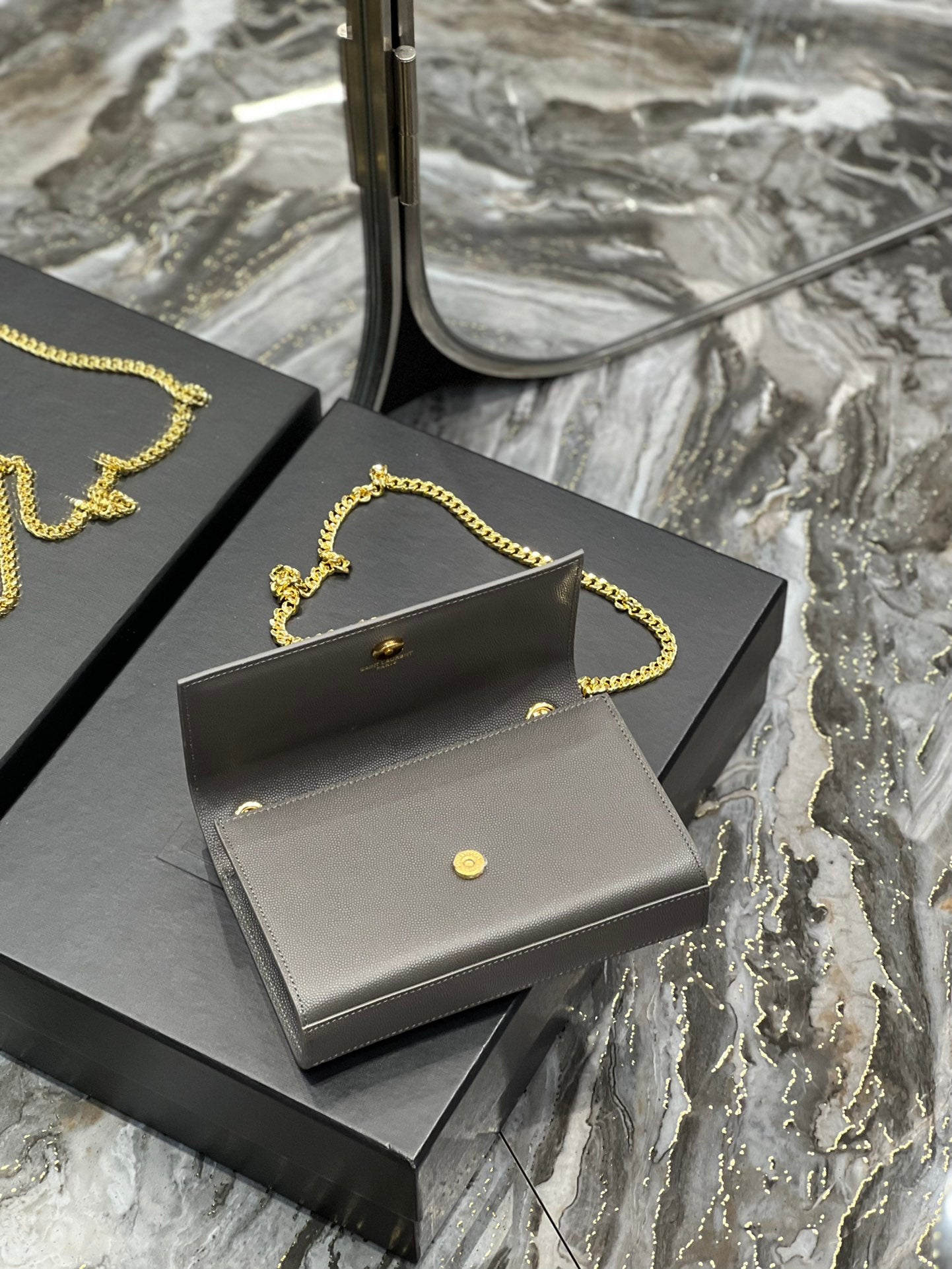 Saint Laurent Kate Small Chain Bag in Grained Leather - Grey