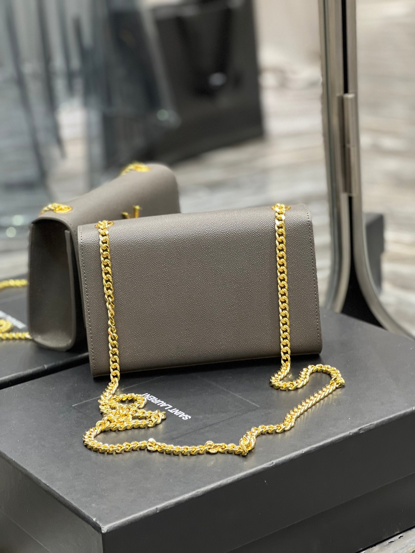Saint Laurent Kate Small Chain Bag in Grained Leather - Grey