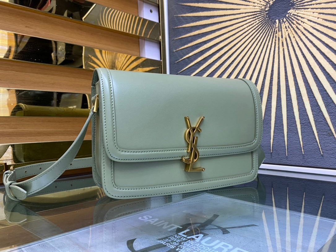 Saint Laurent Solferino Medium Shoulder Bag in Light Sage Green Leather