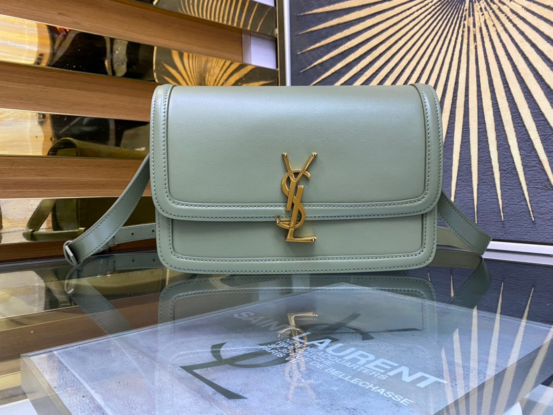 Saint Laurent Solferino Medium Shoulder Bag in Light Sage Green Leather