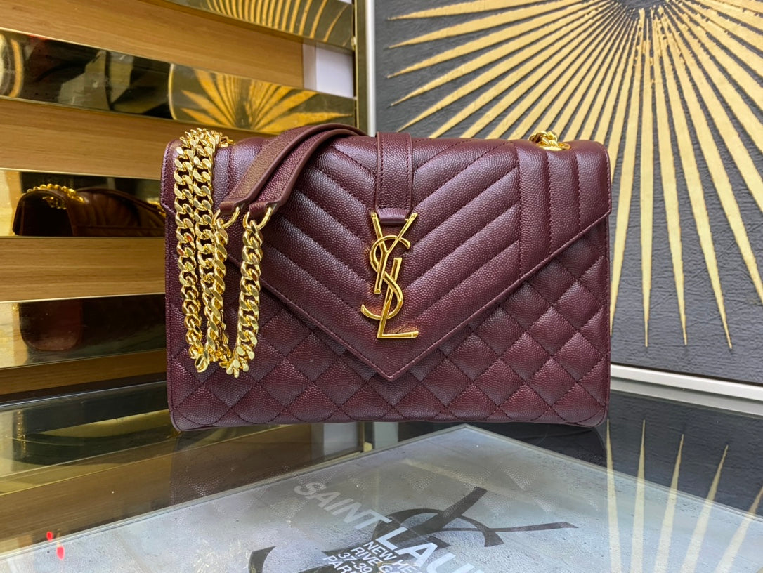 Saint Laurent Envelope Medium Bag in Quilted Grain de Poudre Leather - Burgundy