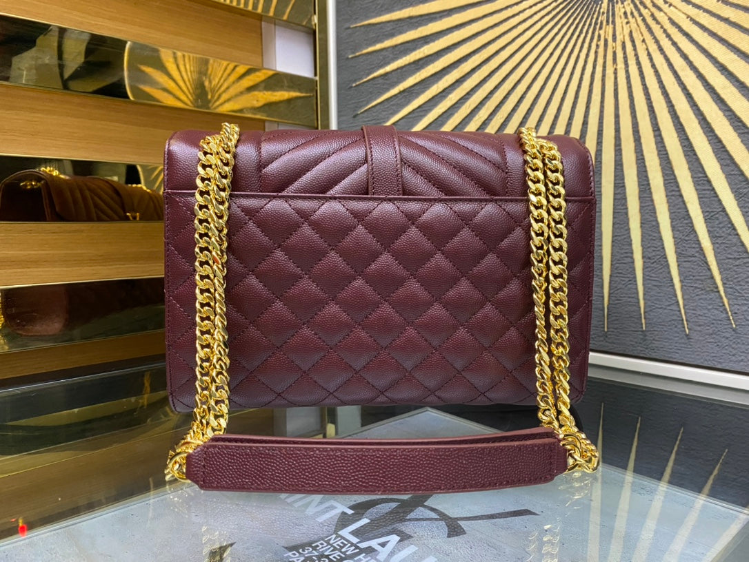 Saint Laurent Envelope Medium Bag in Quilted Grain de Poudre Leather - Burgundy