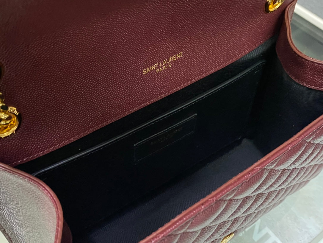 Saint Laurent Envelope Medium Bag in Quilted Grain de Poudre Leather - Burgundy