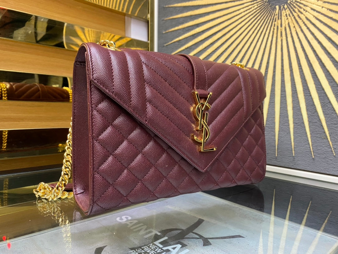 Saint Laurent Envelope Medium Bag in Quilted Grain de Poudre Leather - Burgundy