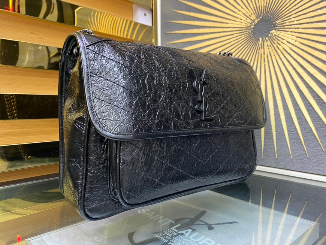 Saint Laurent Medium Niki Shoulder Bag in Black Crinkled Vintage Leather