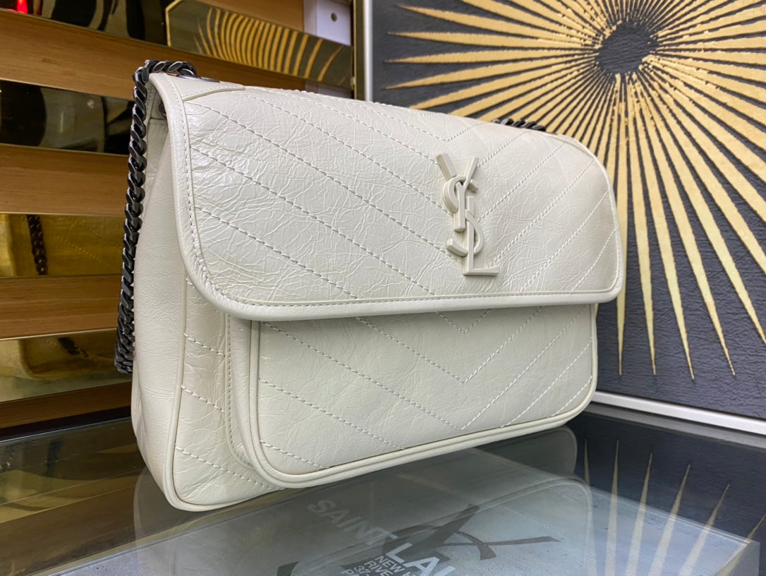 Saint Laurent Niki Medium Shoulder Bag in Quilted Vintage Leather - Off-White