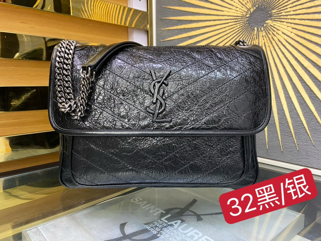 Saint Laurent Medium Niki Shoulder Bag in Black Crinkled Vintage Leather