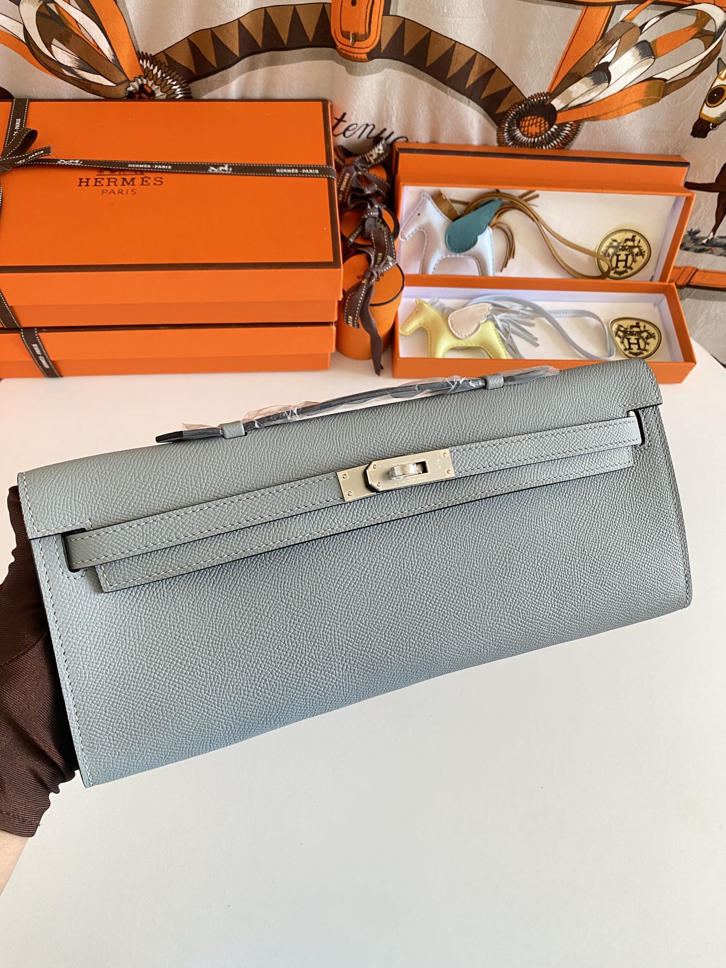 Hermès Kelly Cut Clutch Bag Blue Glacier Swift Leather Palladium Hardware