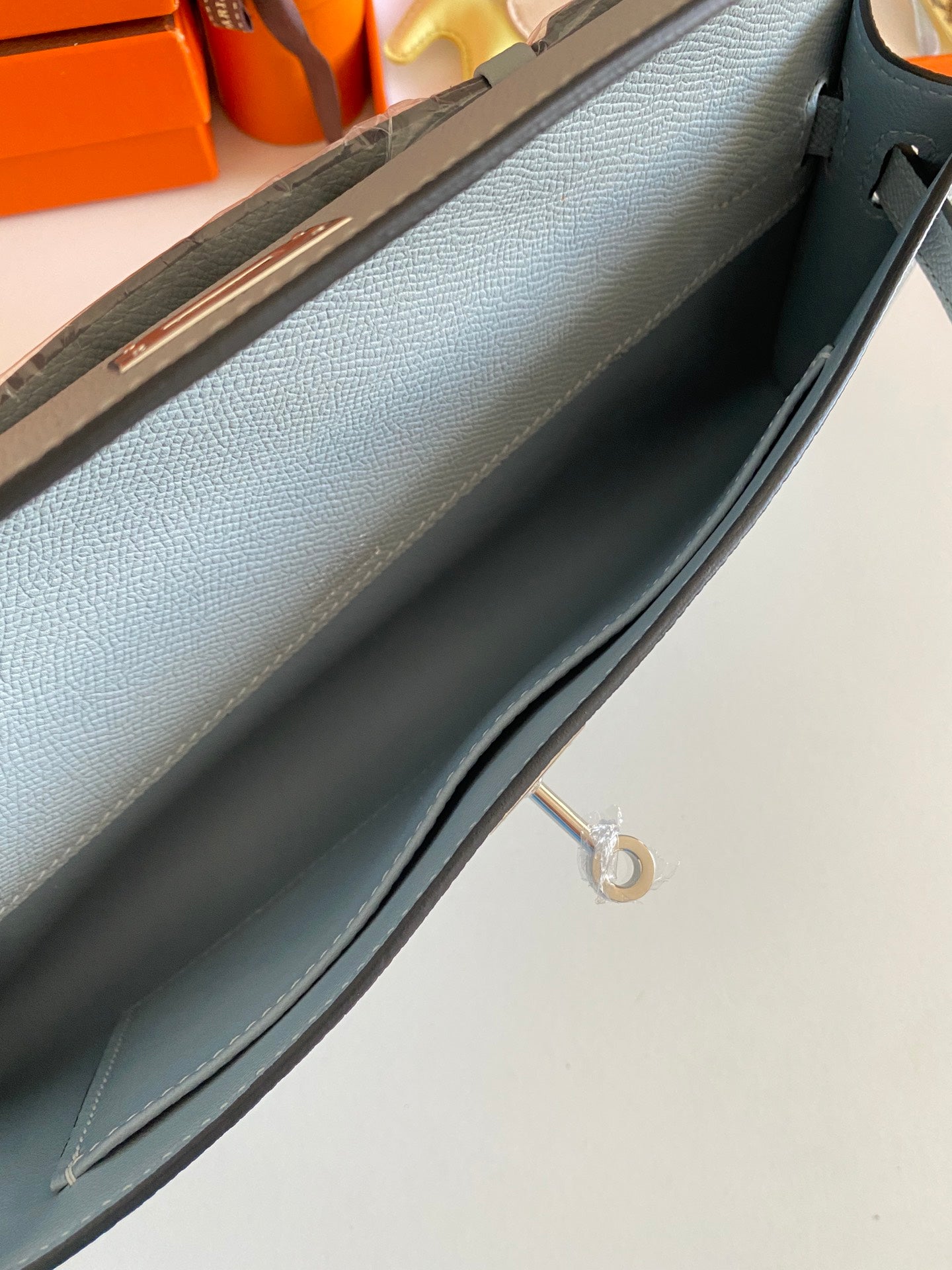 Hermès Kelly Cut Clutch Bag Blue Glacier Swift Leather Palladium Hardware