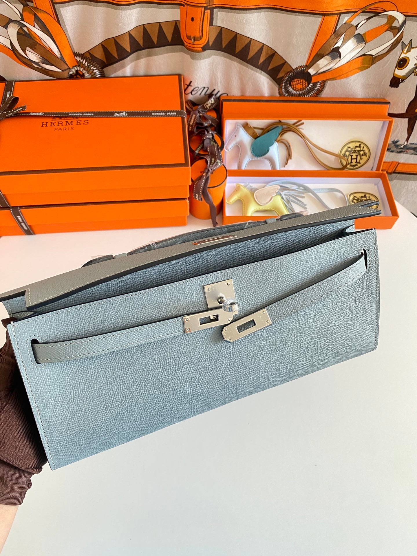 Hermès Kelly Cut Clutch Bag Blue Glacier Swift Leather Palladium Hardware