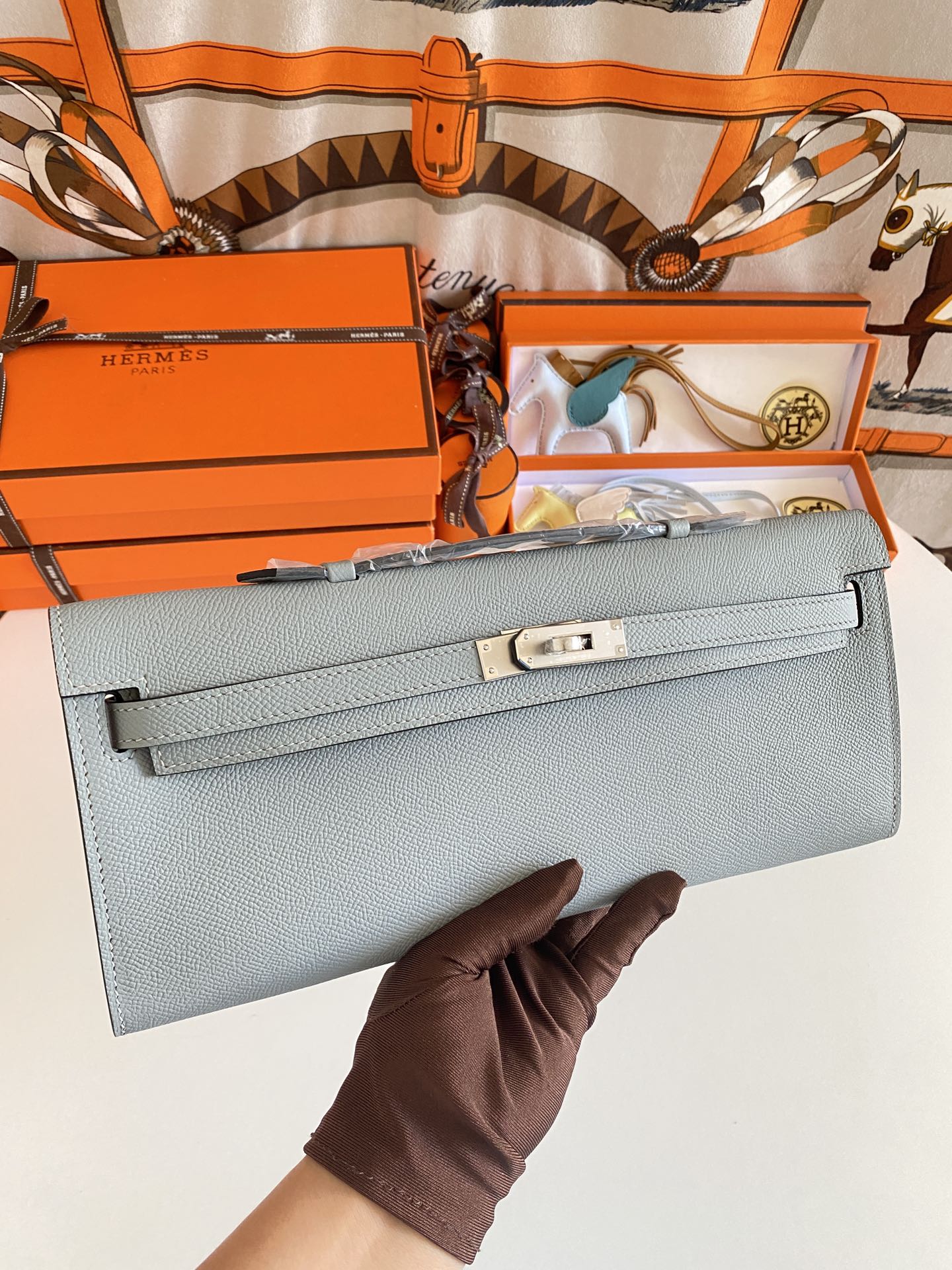 Hermès Kelly Cut Clutch Bag Blue Glacier Swift Leather Palladium Hardware
