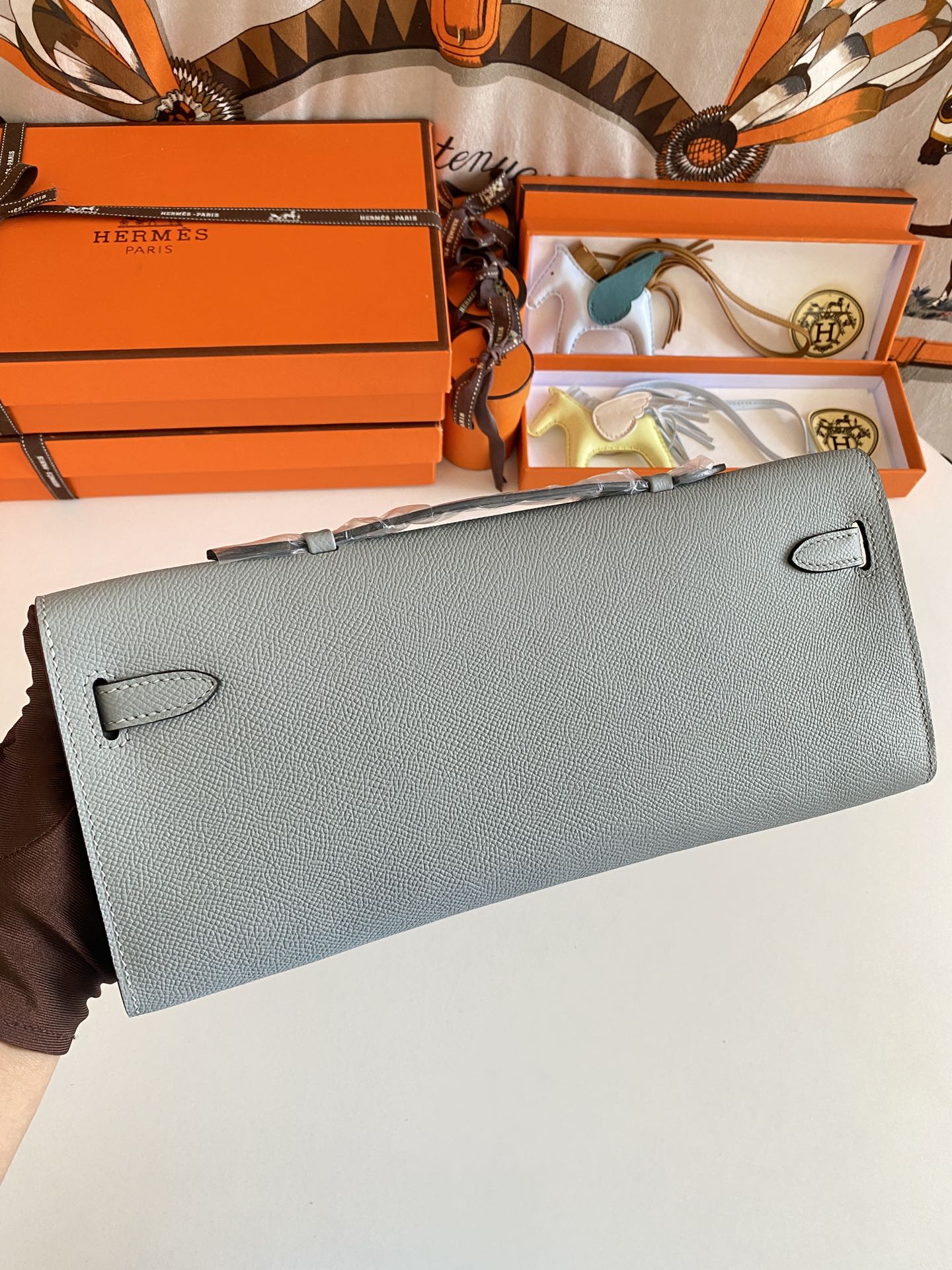 Hermès Kelly Cut Clutch Bag Blue Glacier Swift Leather Palladium Hardware