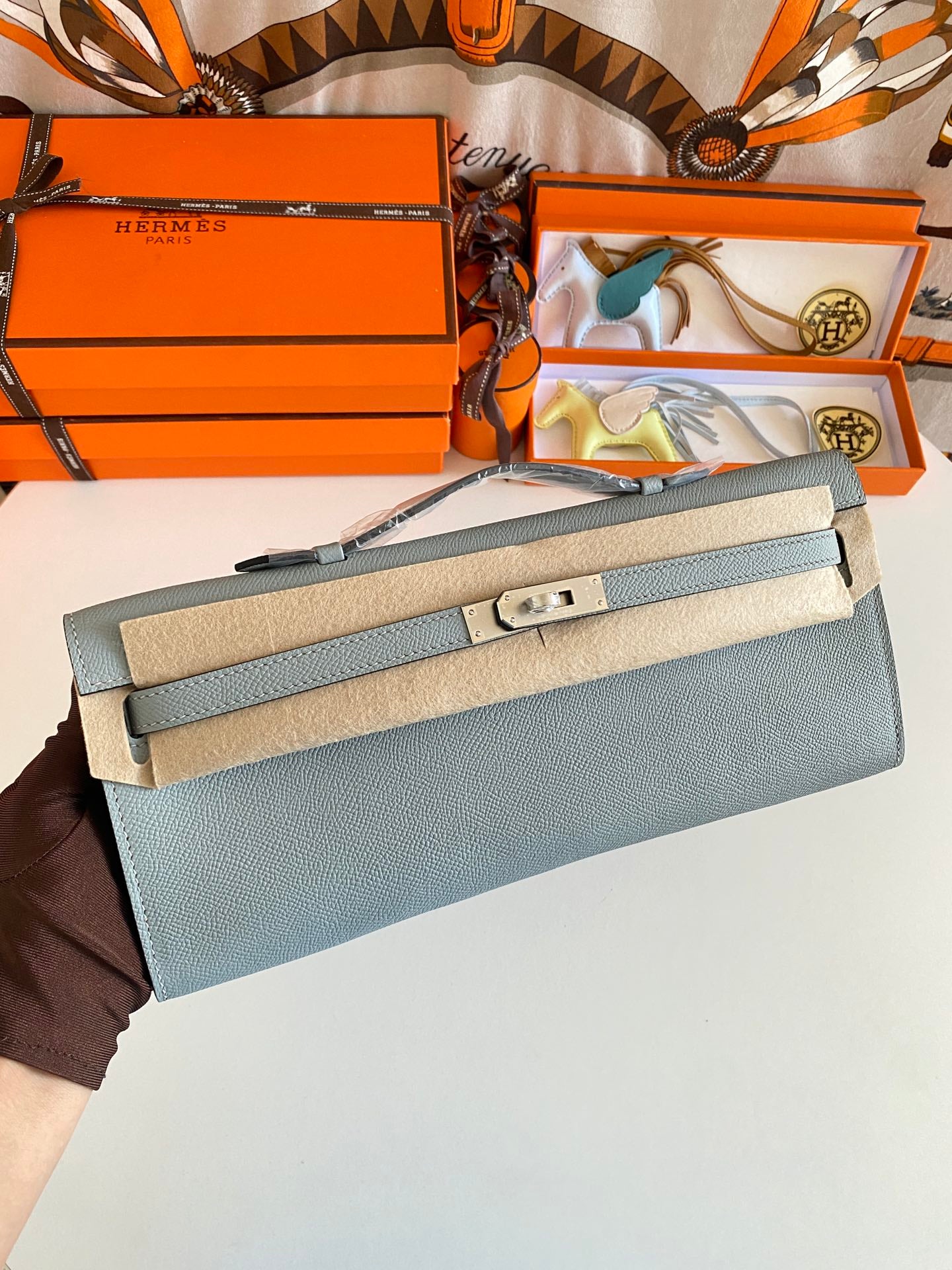Hermès Kelly Cut Clutch Bag Blue Glacier Swift Leather Palladium Hardware