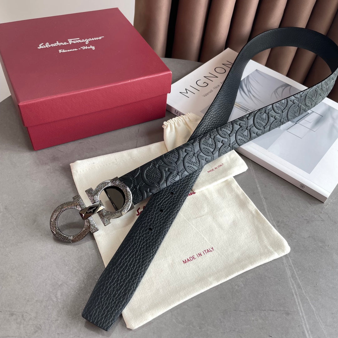 Salvatore Ferragamo Men's Gancini Embossed Black Leather Belt, 35mm