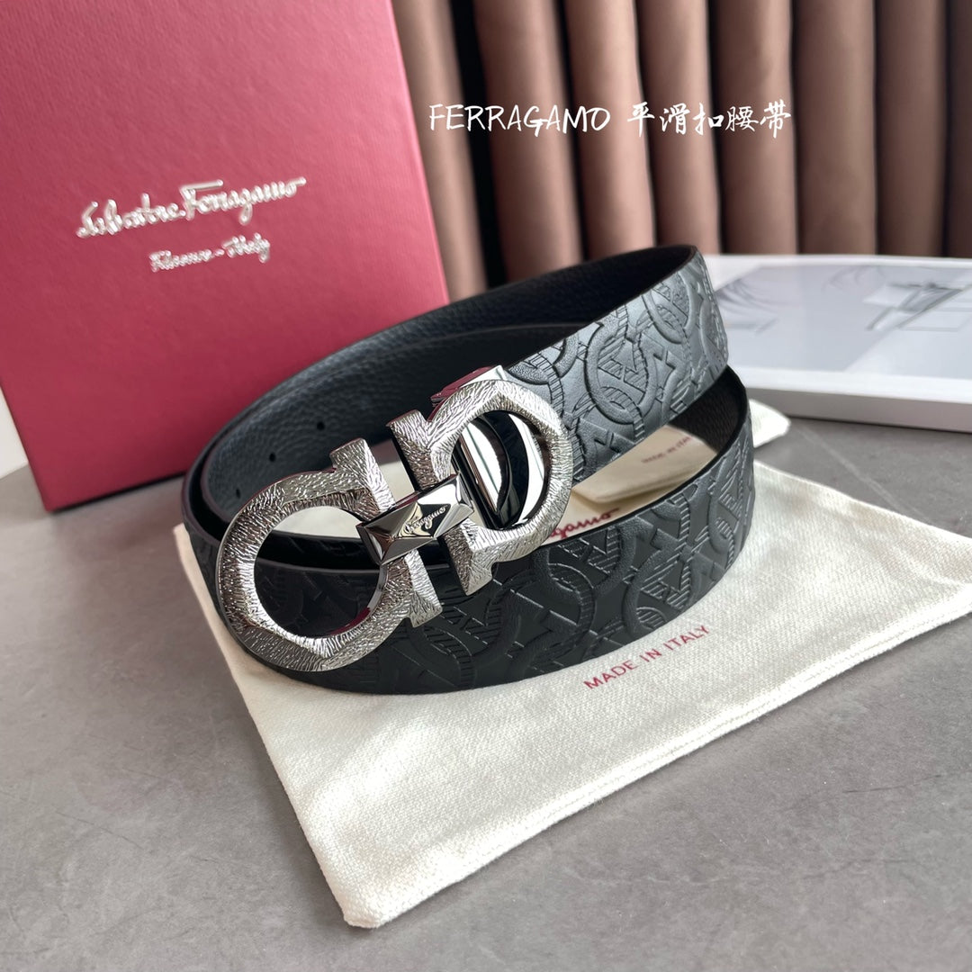 Salvatore Ferragamo Men's Gancini Embossed Black Leather Belt, 35mm