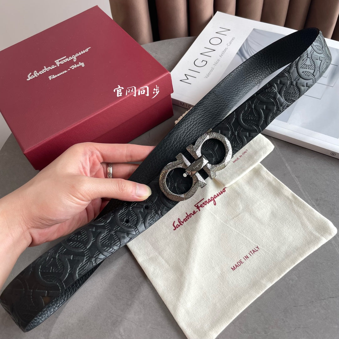 Salvatore Ferragamo Men's Gancini Embossed Black Leather Belt, 35mm