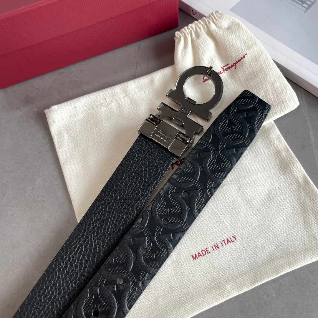Salvatore Ferragamo Men's Gancini Embossed Black Leather Belt, 35mm