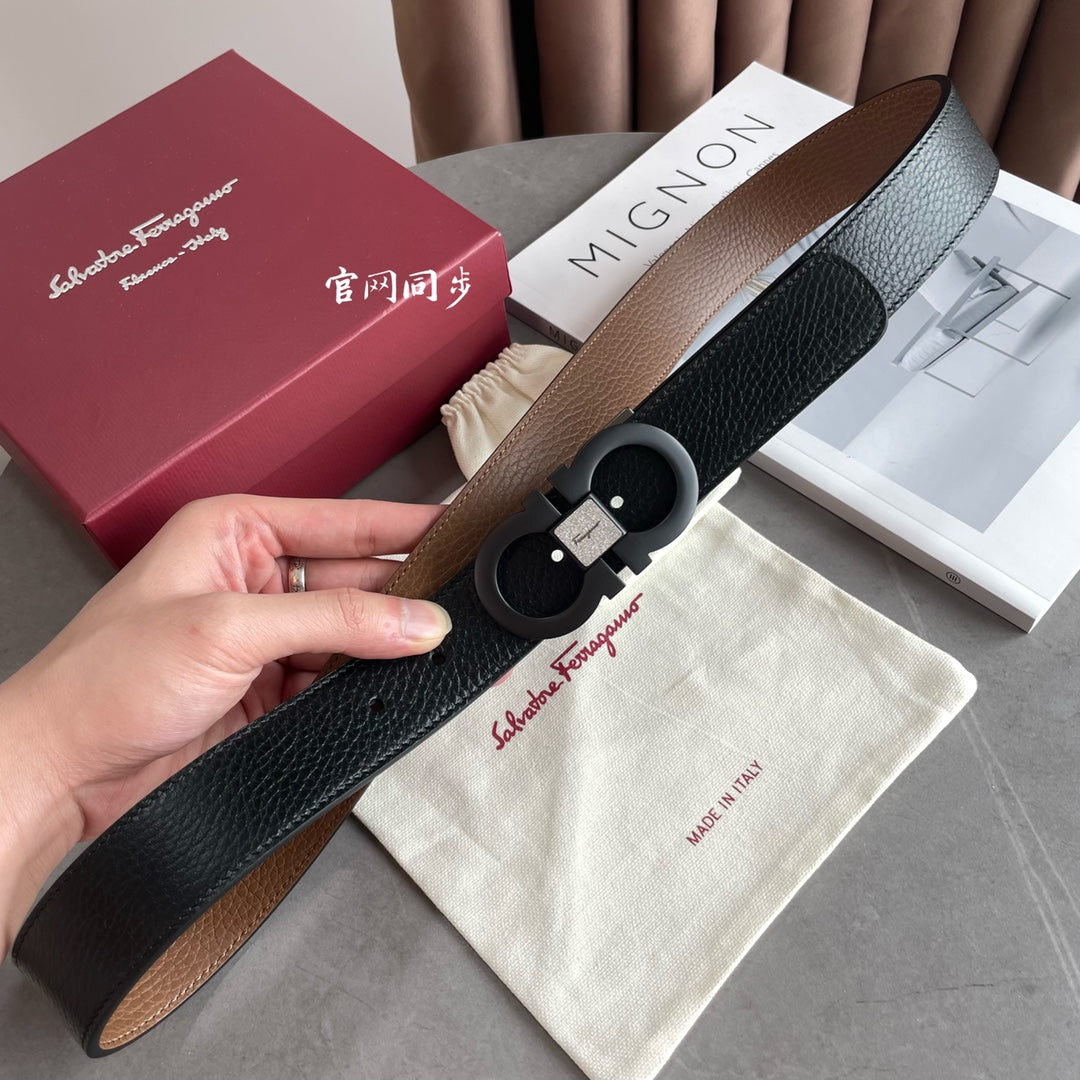Salvatore Ferragamo Men's Black Pebbled Leather Belt with Matte Black Gancini Buckle, 35mm